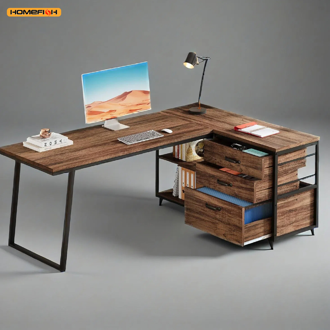 L Shaped Office Desk, Reversible Corner Computer Desk with 3 File Drawers and 2 Storage Shelves for Home Office, Study