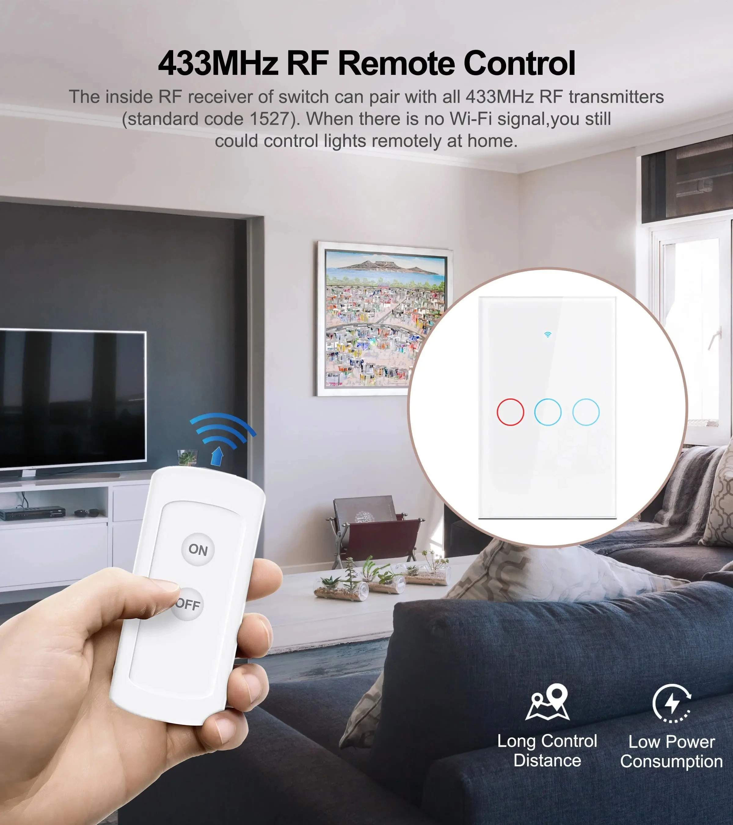 Rf433 1/2/3 gang sem fio neutro tuya eua wifi interruptor de parede inteligente sensor toque interruptores luz led casa inteligente alexa google casa