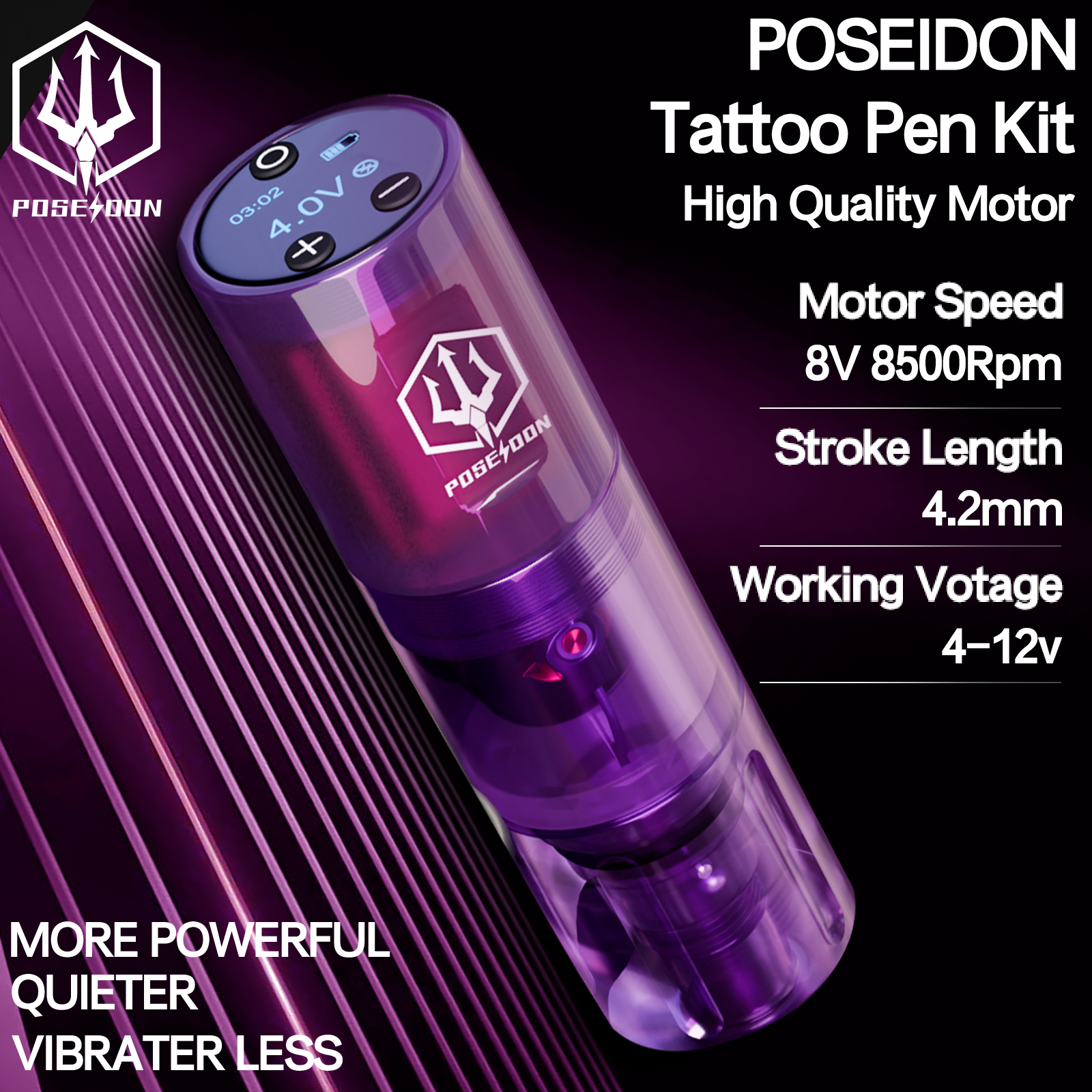 ชุดสัก POSEIDON High Power ชุดปากกาสักสําหรับแต่งหน้าถาวรสักชุดเครื่อง Hot สีม่วง Tattoo Power Supply Tattoo Gun