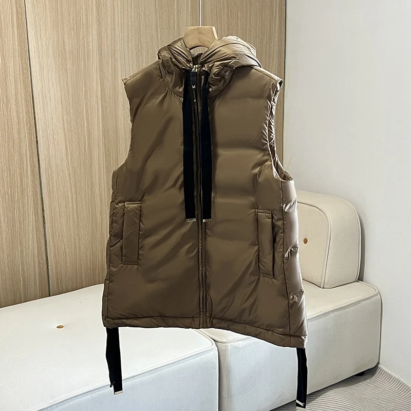 Schinteon femmes 90% duvet de canard blanc gilet avec capuche décontracté sans manches veste Simple couleur unie mode automne hiver haut 2025