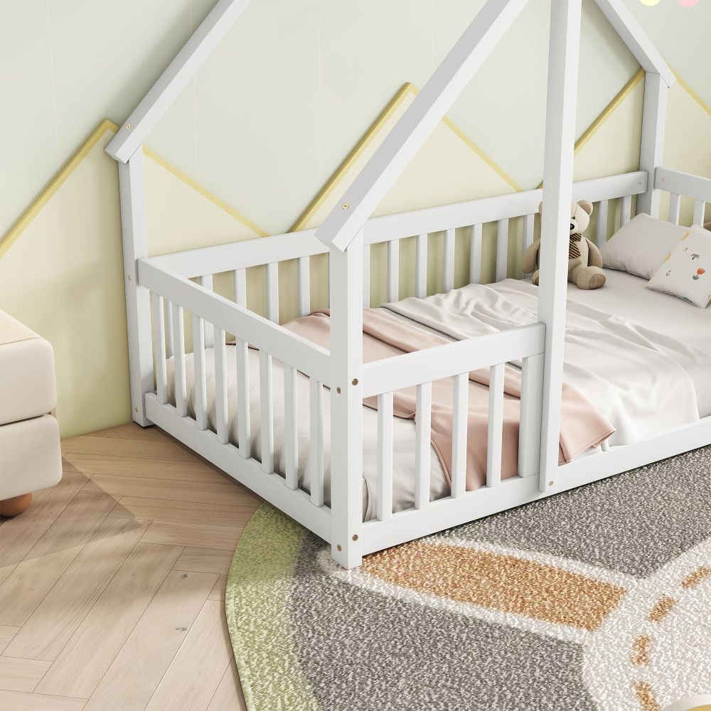 Twin Wood House-Shaped Floor Bed with Fence, Guardrails White Kids Teens Adults Space-Saving Design Full-Length
