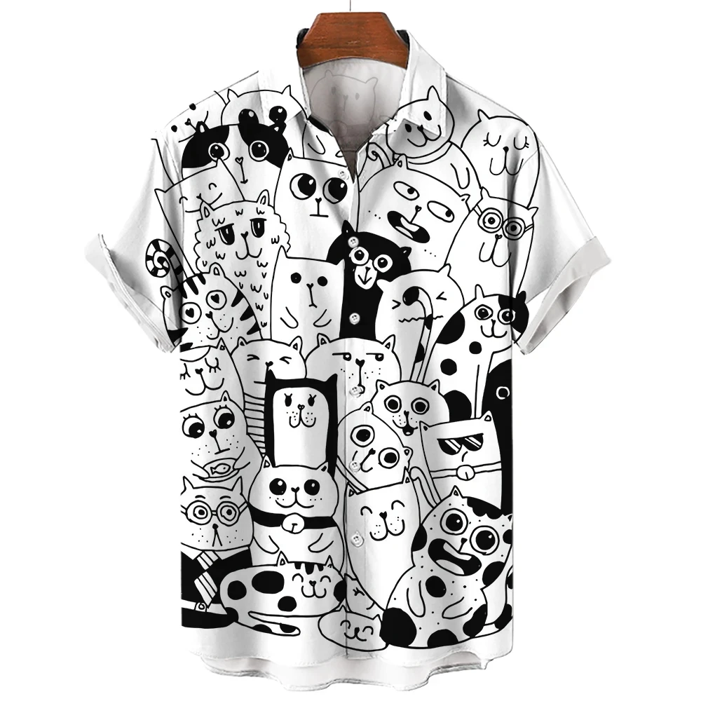Herren Kurzarm Shirt Mode Cartoon Linie Katze Muster Print Top Damen Casual Button Shirt Top