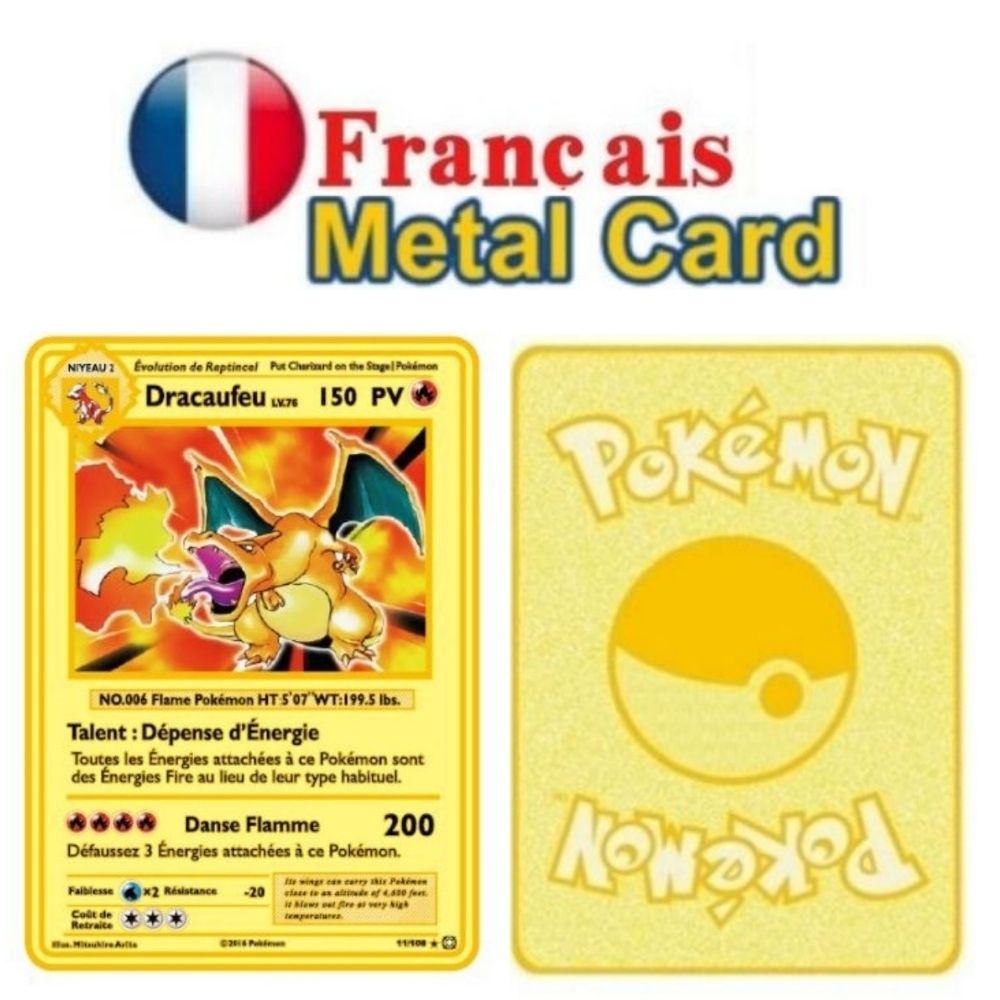 Tarjeta de monstruo de bolsillo francés, carta de monstruo de bolsillo de Metal, tarjeta de hierro de monstruo de bolsillo español Mewtwo Pikachu Gx Charizard Vmax
