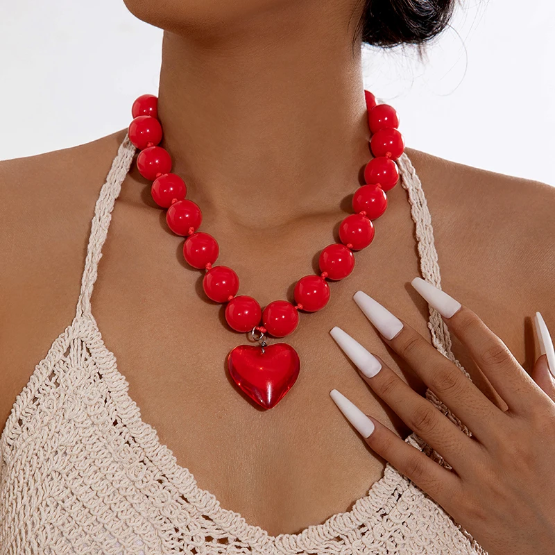 Tocona, nuevo Collar con colgante de corazón de cuentas redondas exageradas para mujer, gargantilla de cadena ajustable hecha a mano, Collar de regalo de joyería de fiesta