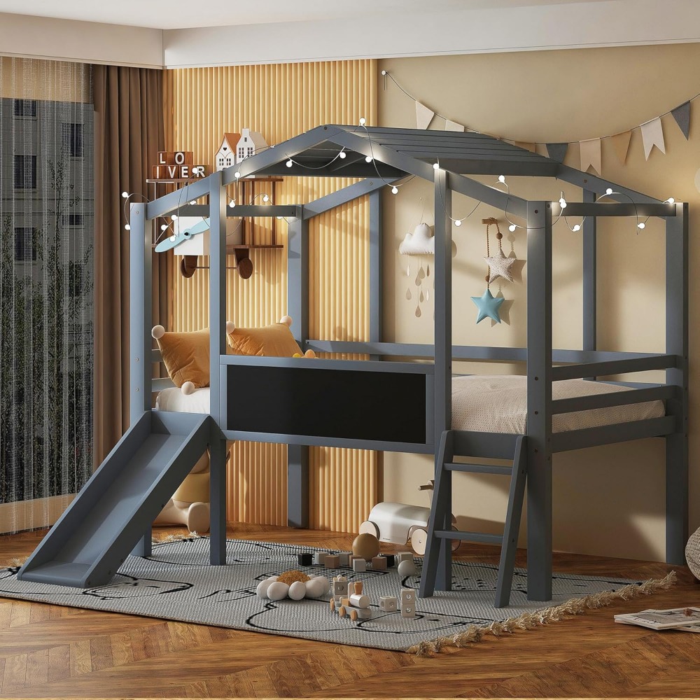 Harper & Bright Designs Kids House Loft Bed with Slide, Twin Size Low Loft Bed with LED Lights & Blackboard, Wood Playhouse Loft