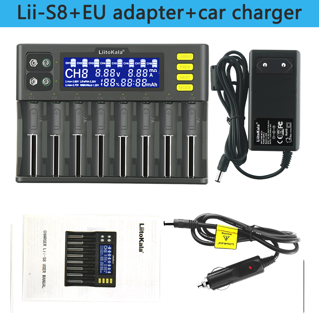 LiitoKala Lii-S8 LCD Universal Charger for 18650 26650 21700 26700 18350 AA AAA 9V Li-ion NiMH Li-FePO4 IMR Batteries 3.7V 1.2V