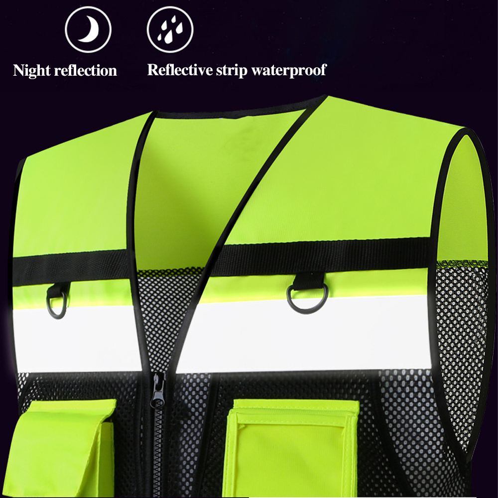 High Visibility Reflective Safety Vest Zippered Work Clothes Fishing Net Multi-Pocket Traffic Construction Night Safety Clothing