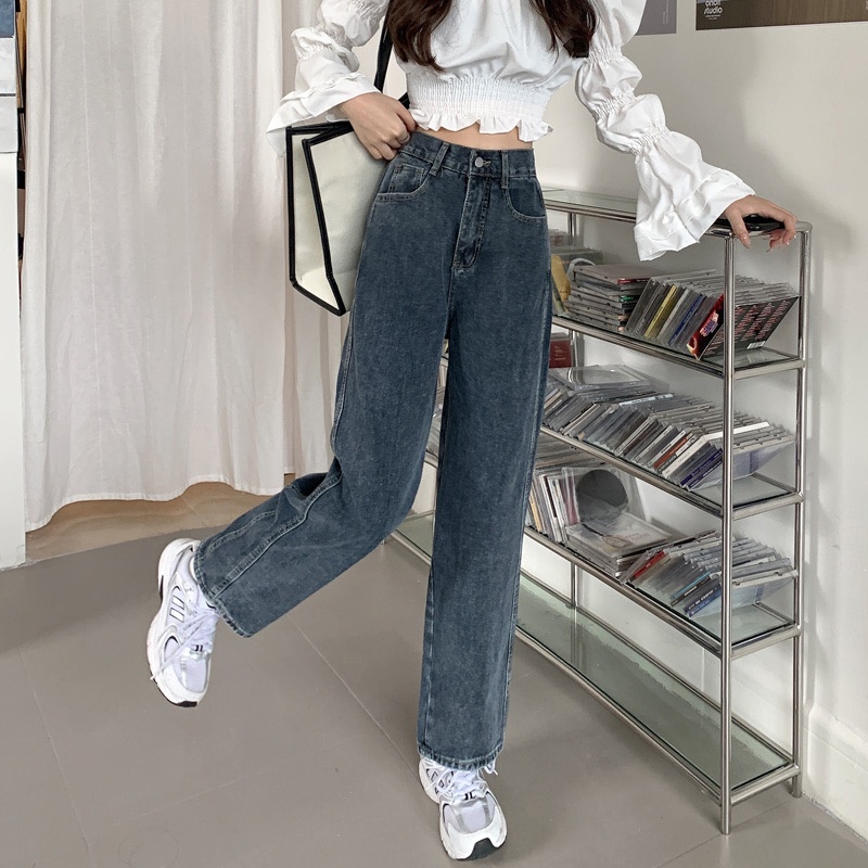 ハイウエストストレートレッグジーンズプラスサイズの女性の小さなフレームルーズ痩身ワイドレッグロングパンツ春秋冬カジュアルジーンズ
