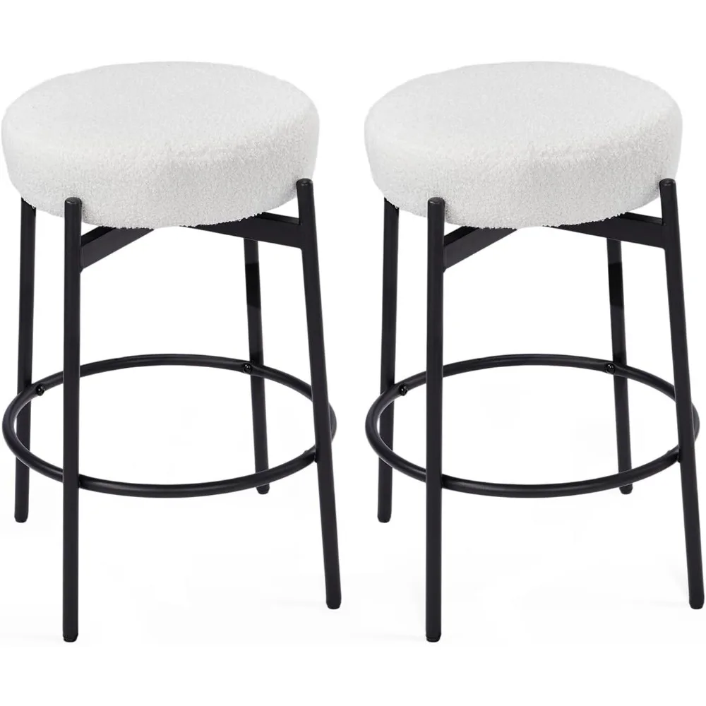 Swivel Round Barstools 24" H Set of 2, Teddy Wool Upholstered Barstool, Backless Kitchen Island Stool, Counter Height Stool