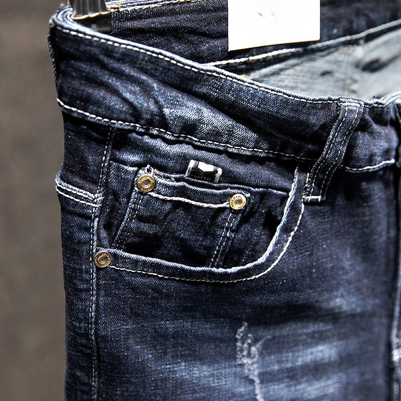 Pantalones vaqueros rectos elásticos americanos para hombre, pantalones vaqueros de algodón ajustados desgastados rasgados, moda de estilo coreano, ropa azul y negra para hombre