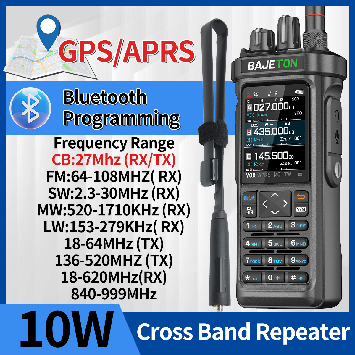 BAJETON BJ-9000 Walkie Talkie CB/SSB/RX/HF Receptor con GPS APRS 10W Bluetooth Programación de teléfono Mismo RT-950 PRO RT -950 Radio