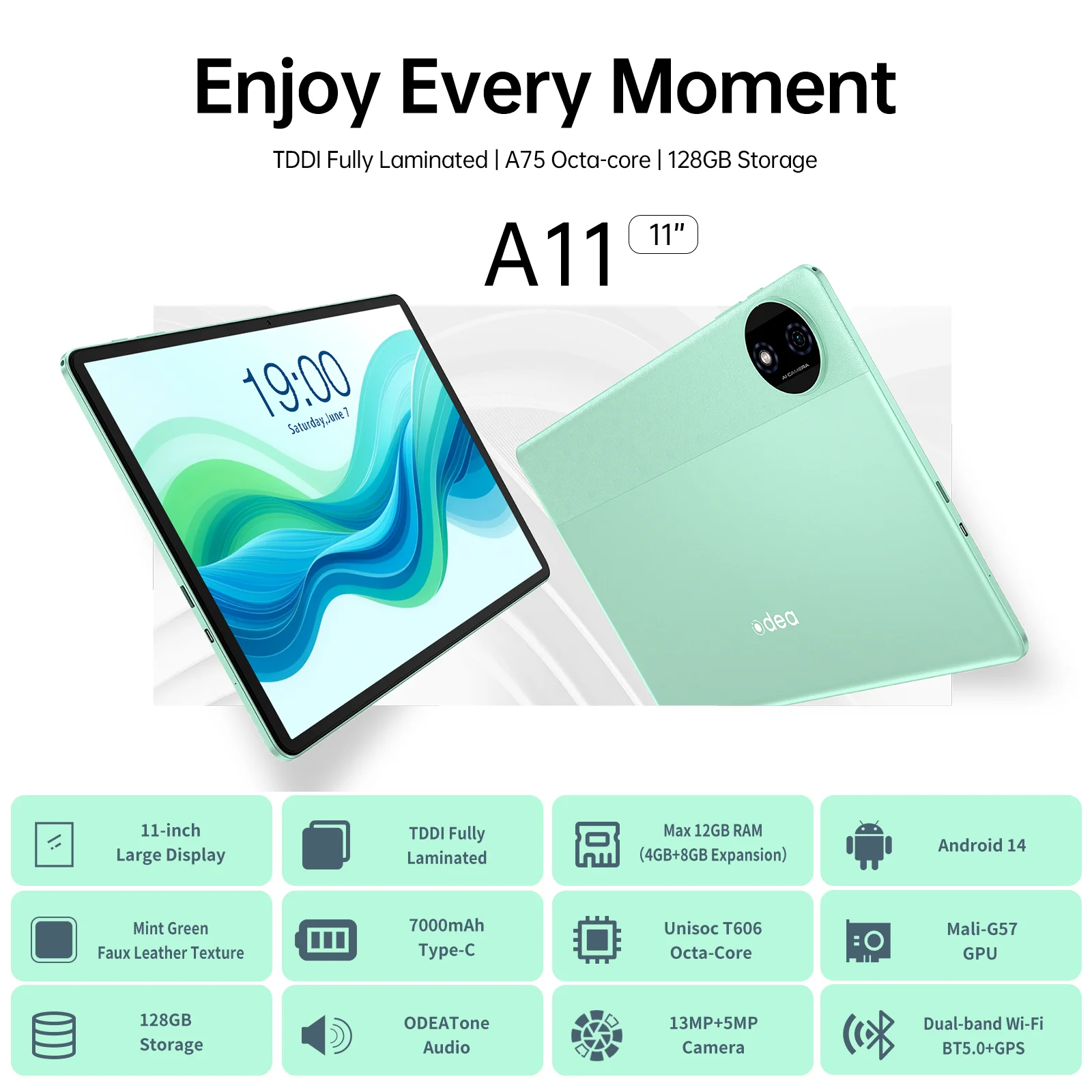 Tableta Odea A11 Android 14, TDDI de 11 pulgadas, (4GB + 8GB)12GB RAM, 128GB ROM, 8 núcleos, UNISOC T606, 1280x800, Mali-G57, 7000ma