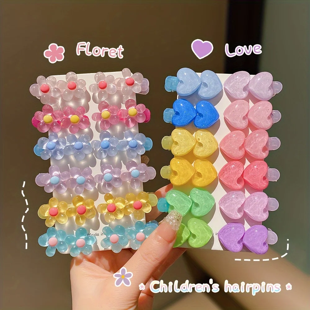 Rainbow Color Small Hairpin para crianças, flor bonito e coração, 12 PCs, 24PCs