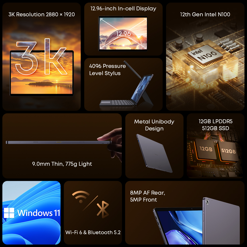 CHUWI HI10 Max 2 en 1 Windows Tablet portátil Intel N100 12,96 ''3K pantalla táctil 512GB SSD 12GB RAM tabletas soporte teclado Stylus