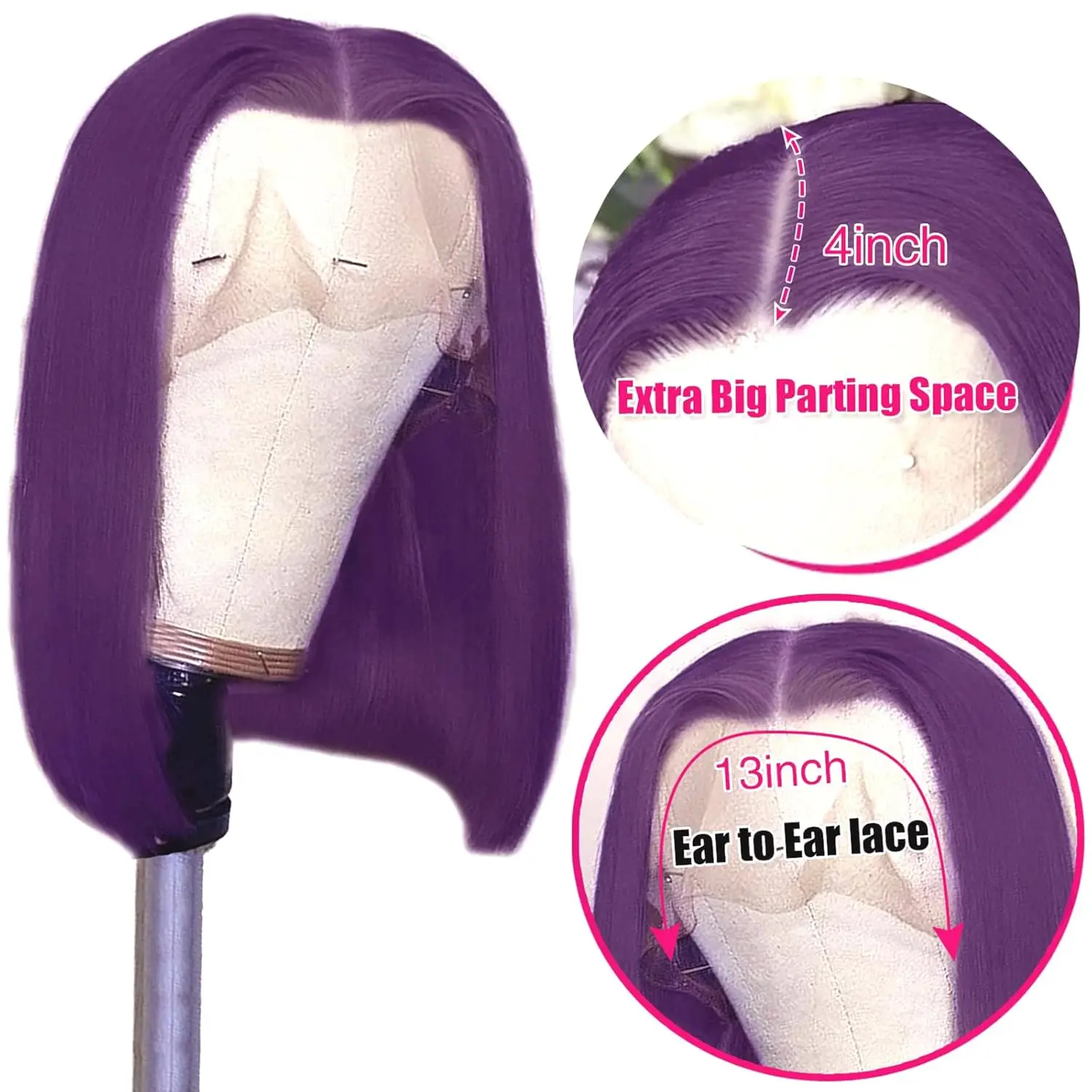 Roxo escuro bob perucas dianteiras do laço cabelo humano colorido 13x4 laço frontal curto em linha reta roxo bob peruca pré arrancado com cabelo do bebê