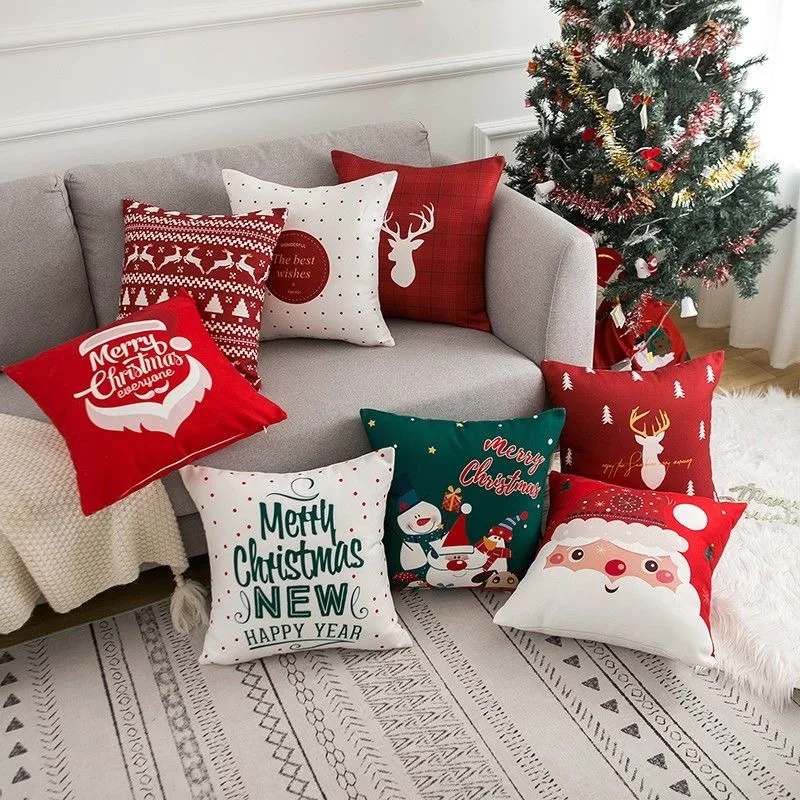 Funda de almohada navideña de dibujos animados, Papá Noel, renos, muñeco de nieve, bonita funda de almohada, celebración del hogar, regalo creativo rojo