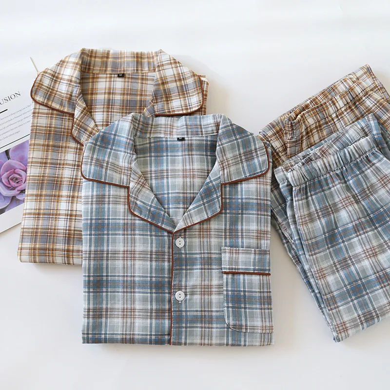 2025 japanisches neues Herren-Pyjama-Set, Frühling/Sommer, kariert, schlicht, langärmelig, zweiteiliges Set, Strickjacke aus 100 % Baumwolle, Heimtextilien