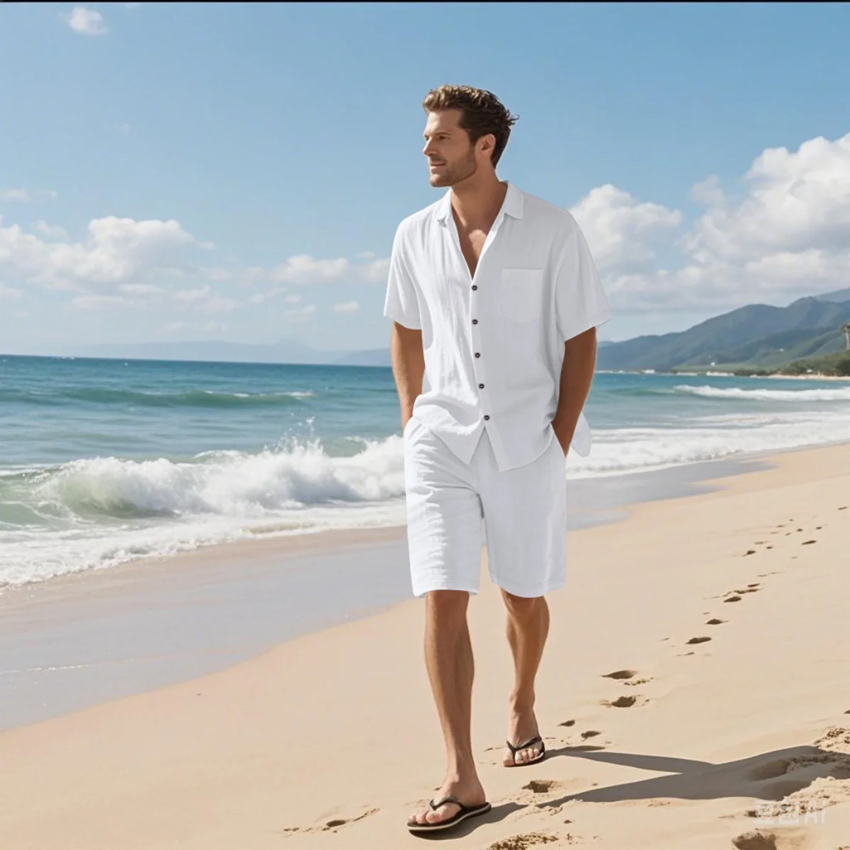 Neues Sommer-Herren-Retro-Hemd-Set aus Baumwolle und Leinen, modisches Strand-Kurzarmhemd und Shorts mit Reversknöpfen und zweiteiligem Set