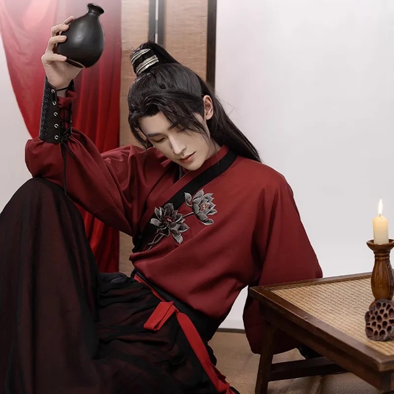 ฮาโลวีน Nobility คอสเพลย์เครื่องแต่งกายสําหรับชายขนาดใหญ่เสื้อผ้าจีนแบบดั้งเดิม Vintage สีแดงสีดํา Wuxia Hanfu ชุดสําหรับชาย