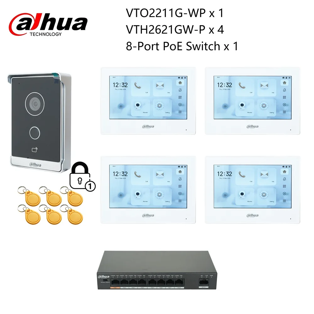 Dahua Original IP-Video-Gegensprechanlage-KIT, VTO2211G-WP & VTH2621G-P & PoE-Schalter, unterstützt Telefon-App, RFID-Karten-Entsperrung