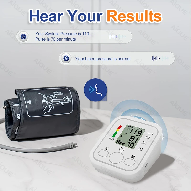 Monitor de presión arterial Digital automático para brazo, esfigmomanómetro, tonómetro, tensiómetro, medidor de pulso y frecuencia cardíaca, Monitor de voz BP