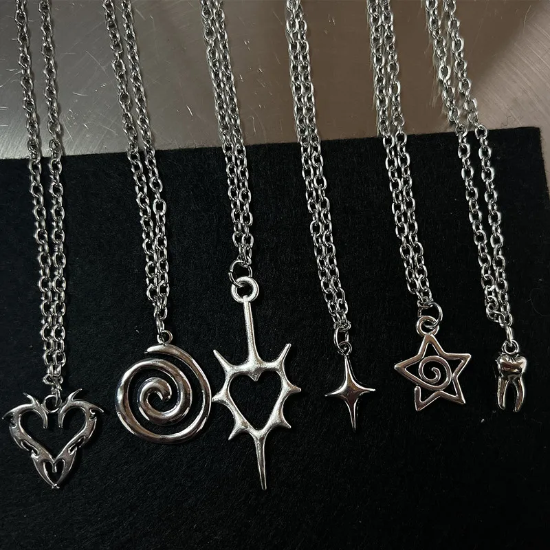 Y2K Flail-collar con colgante de dientes de corazón y fuego para mujer y hombre, joyería de moda Punk Grunge ﻿