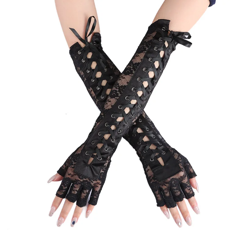 Frauen Sexy Floral Spitze Ellenbogen Länge Halbfinger Handschuhe schwarz String Band Krawatten Up Dance Party Fingerlose Fishnet Fäustlinge
