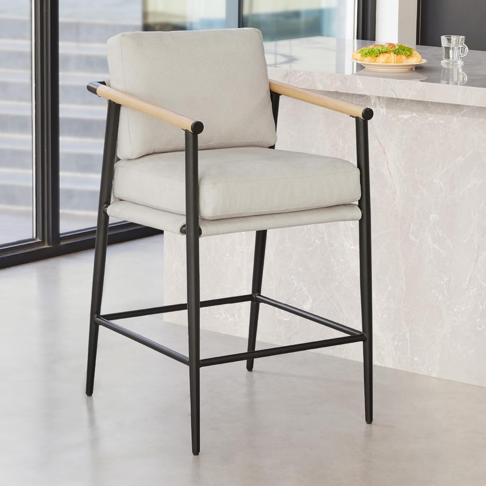 Mid Century Modern Barstool Set of 2, 26" H Upholstered Counter Height Bars Stools with Wood Armrests and Metal Legs, Bar Stool