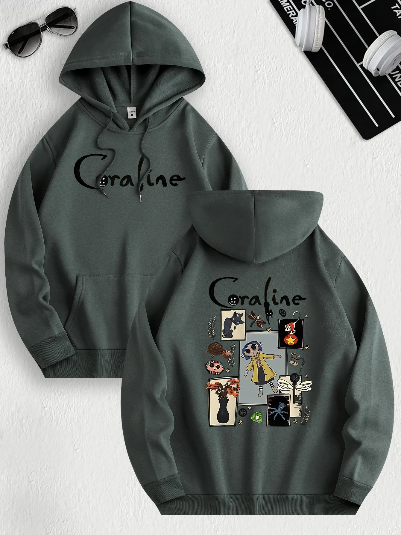Moletom casual inspirado em Coraline para mulheres, tecido de malha de poliéster, manga comprida, ajuste regular, pulôver com capuz e leve elasticidade