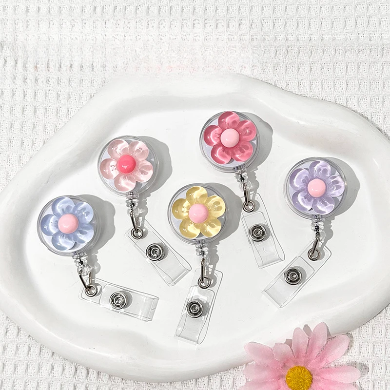 Cute Transparent Floral Badge Reel for Women Retractable Worker ID Card Pull Buckle Doctore Nurse ID Card Badge Holder Clip