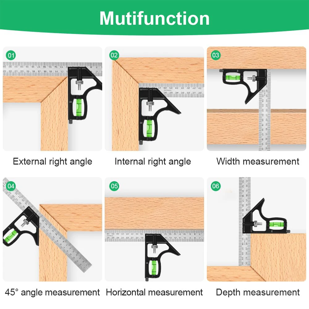 300MM Square Head with Aluminium Handle, 45/90 Degree Angle, Stop Angle Ruler with Level and Marking Pin, Angle Measuring Tool
