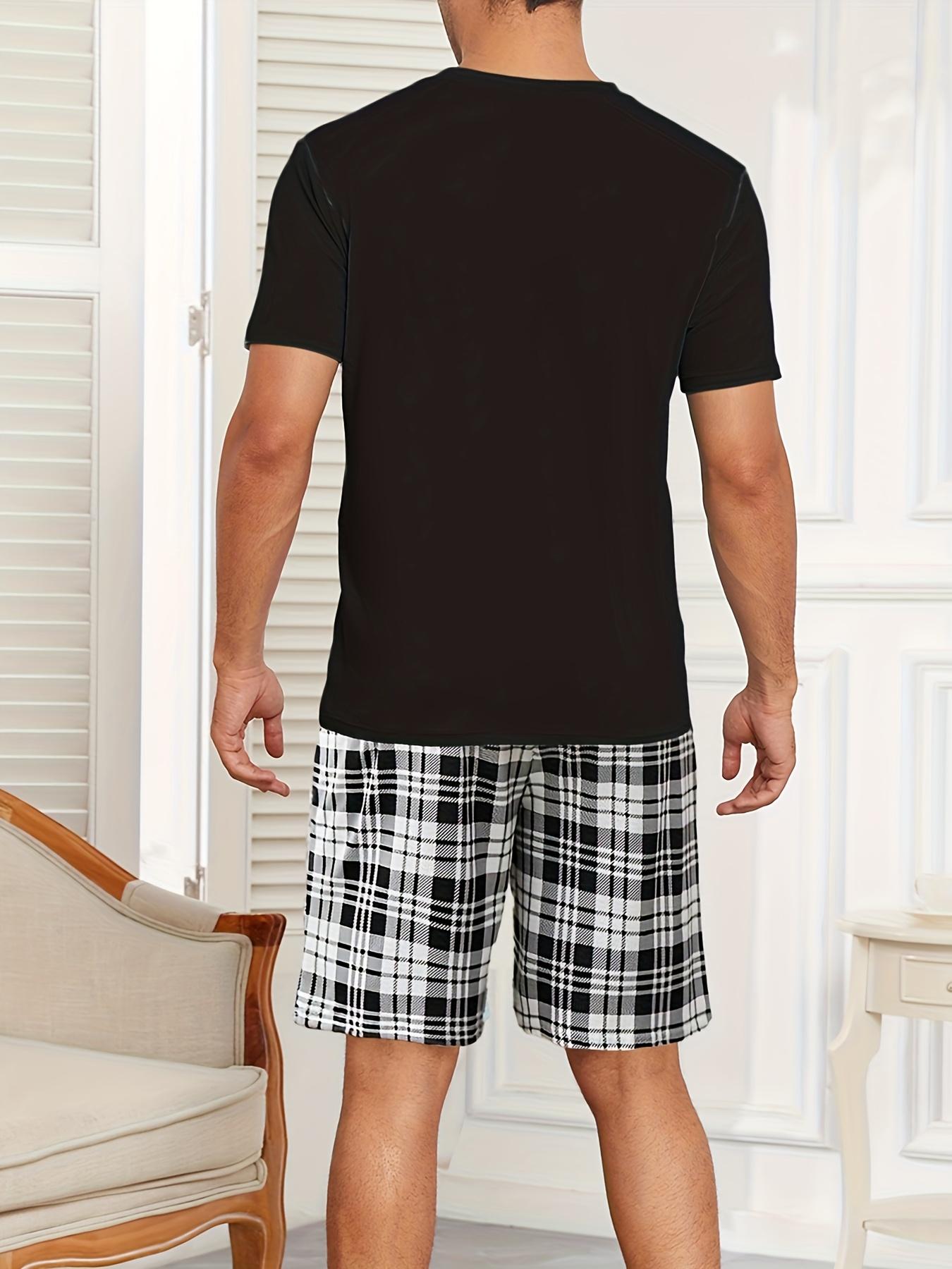 Męski zestaw piżam bawełnianych z nadrukiem niedźwiedzia z kreskówek – koszulka z krótkim rękawem i pasujące szorty |   Letnia odzież codzienna 2-częściowa