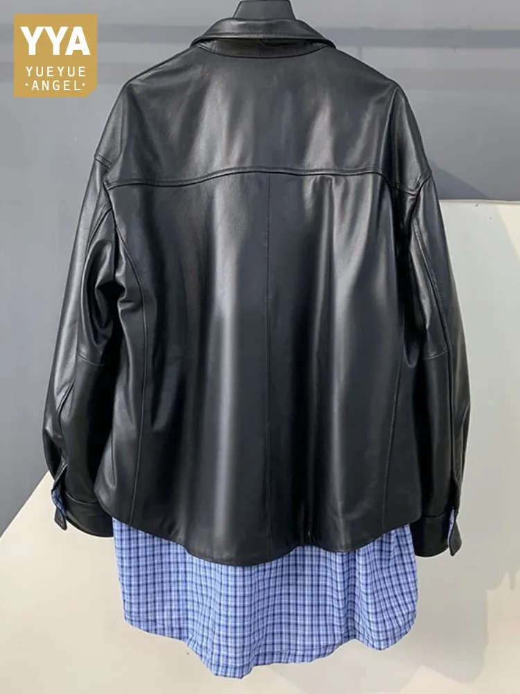 Büro Damen Patchwork Farbe Revers Echtes Leder Jacke Lose Einreiher Tasche Lange Ärmel Schaffell Oberbekleidung