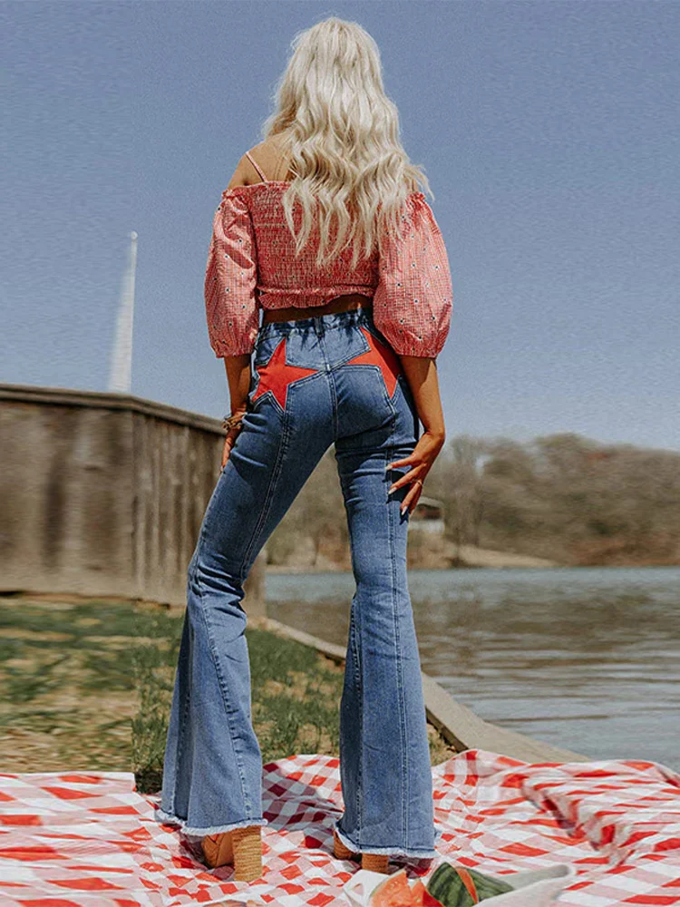High Street Rivet Y2k-pantalones vaqueros largos para mujer, Pantalón recto de cintura baja con retales de estrellas, informales, a la moda, 2025