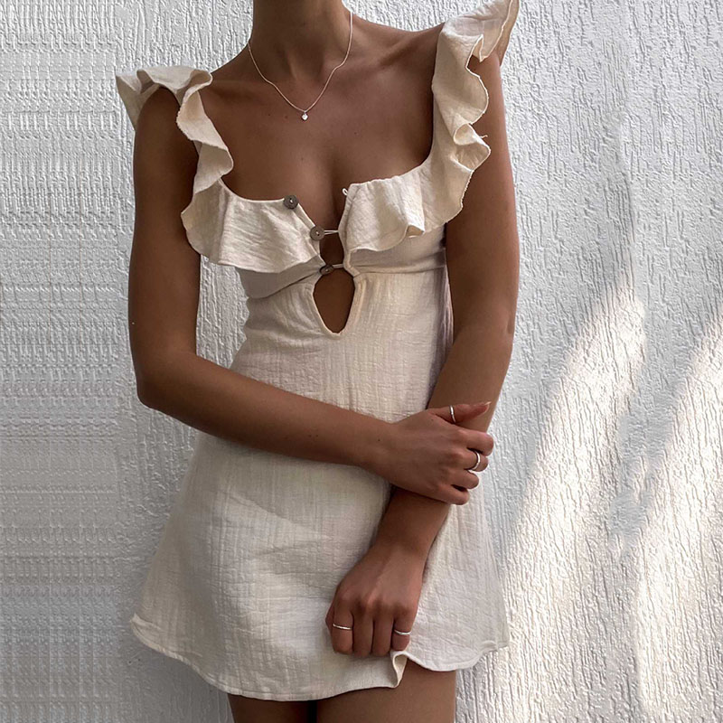 Sommer Aushöhlen Taste Rüschen Kurzes Kleid Sexy V-ausschnitt Ärmelloses Einfarbig Kleid Neue Urlaub Strand Baumwolle Leinen Mini Kleid