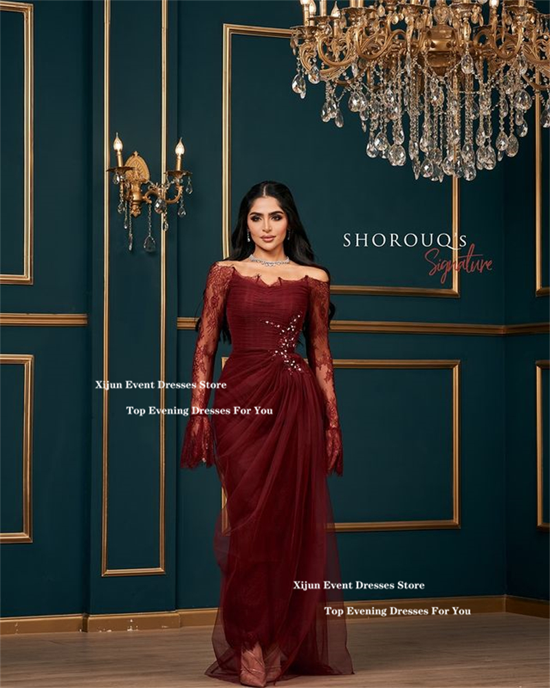 Xijun-Robe de Soirée de Forme Sirène en Dentelle Bordeaux, Tenue de Bal Formelle de Dubaï, à Plis, Personnalisée
