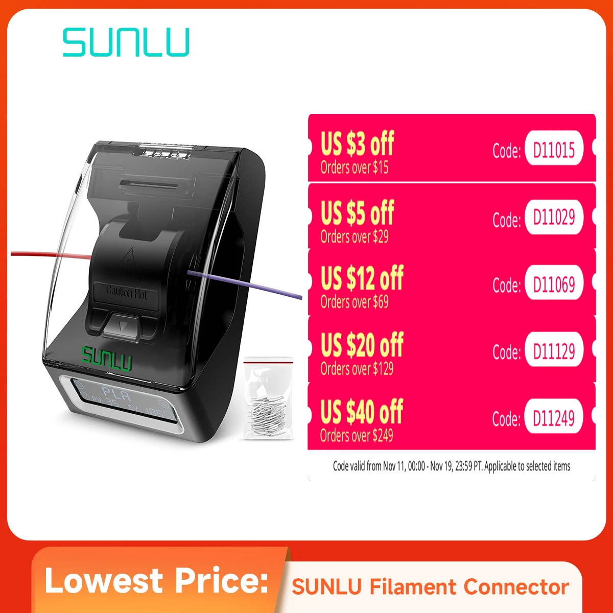 Соединитель нити SUNLU, нить 1,75 мм, быстрая сварка для PLA/PETG/TPU/ABS/PA/нейлон, 200 шт., сварочный аппарат для нити с рукавом из ПТФЭ