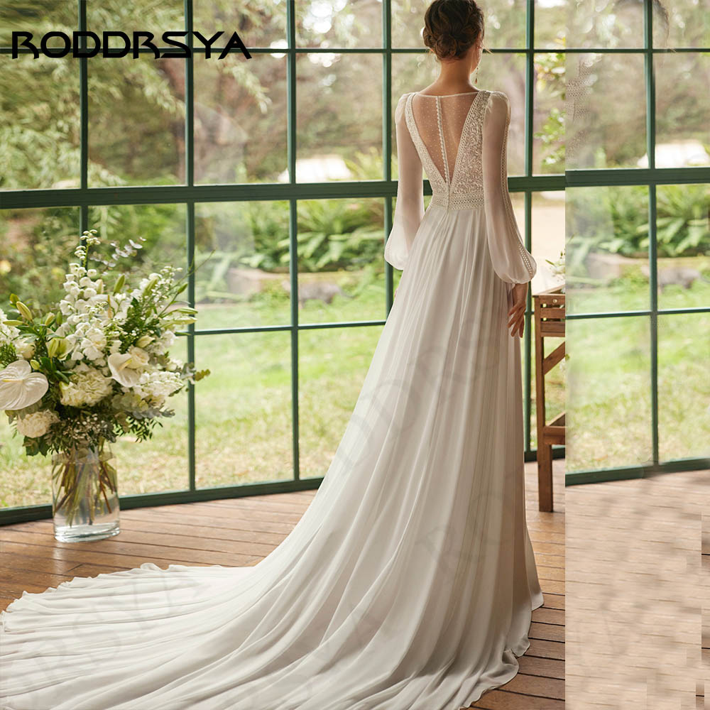 RODDRSYA-Robe de Mariée Bohème en Mousseline de Soie pour Femme Tenue Éducative Manches sulf Dentelle Appliques Ligne A Personnalisée Robes de mariée de style bohème pour les femmes Mousseline de soie manches longues d