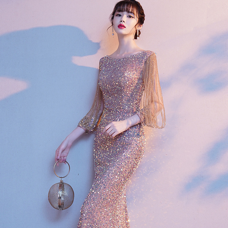 DongCMY 特別な日のフォーマルエレガントなスパンコールイブニングドレスパーティーマーメイドマキシボディコン Vestido デフェスタ Luxo 女性ドレス