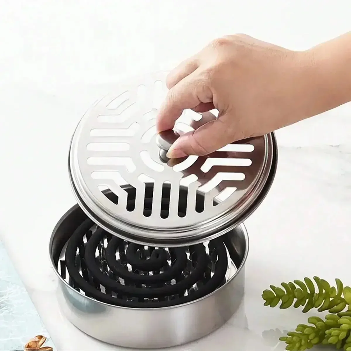 Caja de incienso para mosquitos de acero inoxidable, con cubierta, placa de incienso para mosquitos, dientes de uñas, bandeja de incienso para mosquitos, 1 ud.