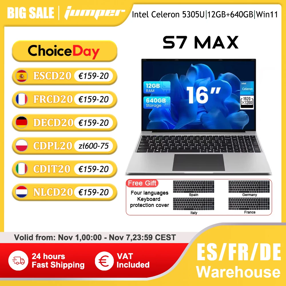 Jumper S7MAX Laptop 16 Cal Intel Celeron 5305U 12GB RAM + 128GB EMMC + 512GB SSD okna 11 Notebook lekki komputer biznesowy