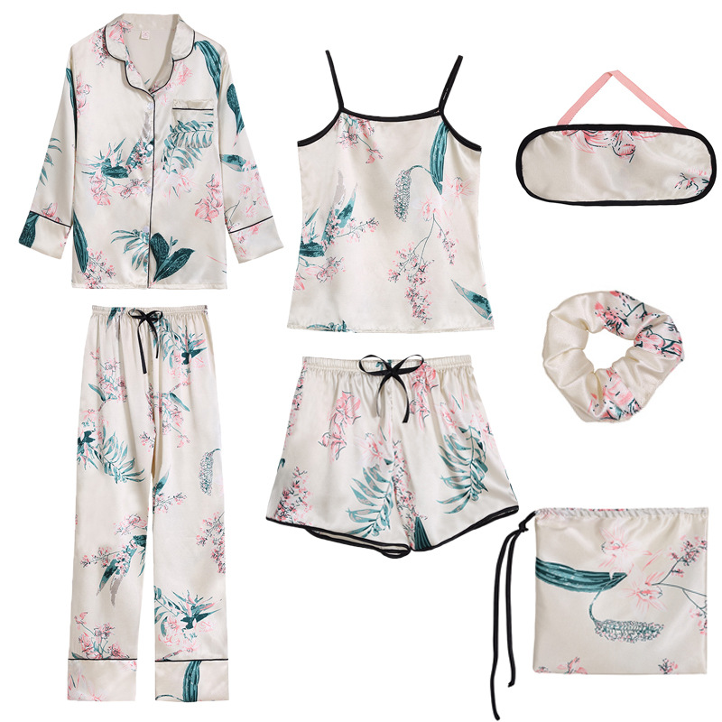 Sangle vêtements de nuit Pyjamas femmes 7 pièces rose Pyjamas ensembles Satin soie Lingerie Homewear vêtements de nuit Pyjamas ensemble Pijamas pour femme