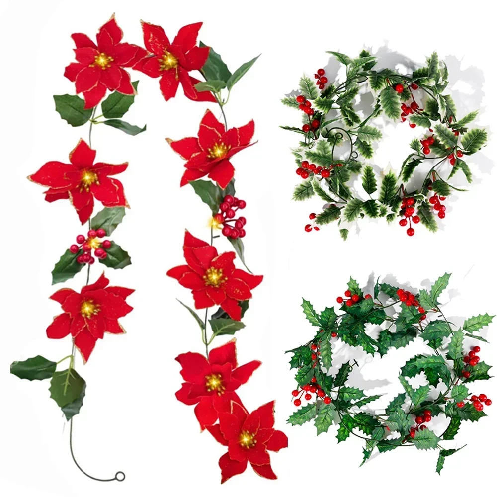 2M Christmas Garland With Light String Artificial Red Berries Holly Leaves DIY Rattan Wreath Ornament Home Xmas New Year Decors