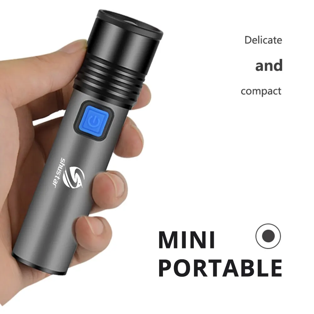 USB wiederauf ladbare LED-Taschenlampe mit LED in 1200mAh Lithium-Batterie wasserdichte Camping Licht zoombare Taschenlampe gebaut