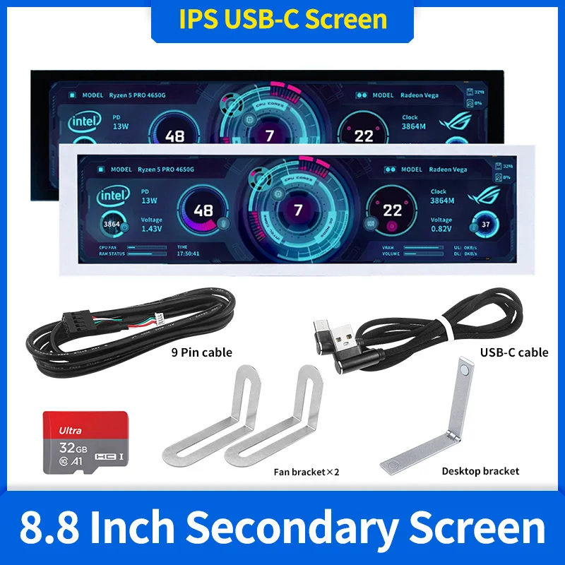 8,8-дюймовый IPS USB Вторичный экран Тип-C PH-интерфейс Turing Смарт-экран Процессор Графический процессор ОЗУ Компьютерный монитор Используйте программное обеспечение TURZX