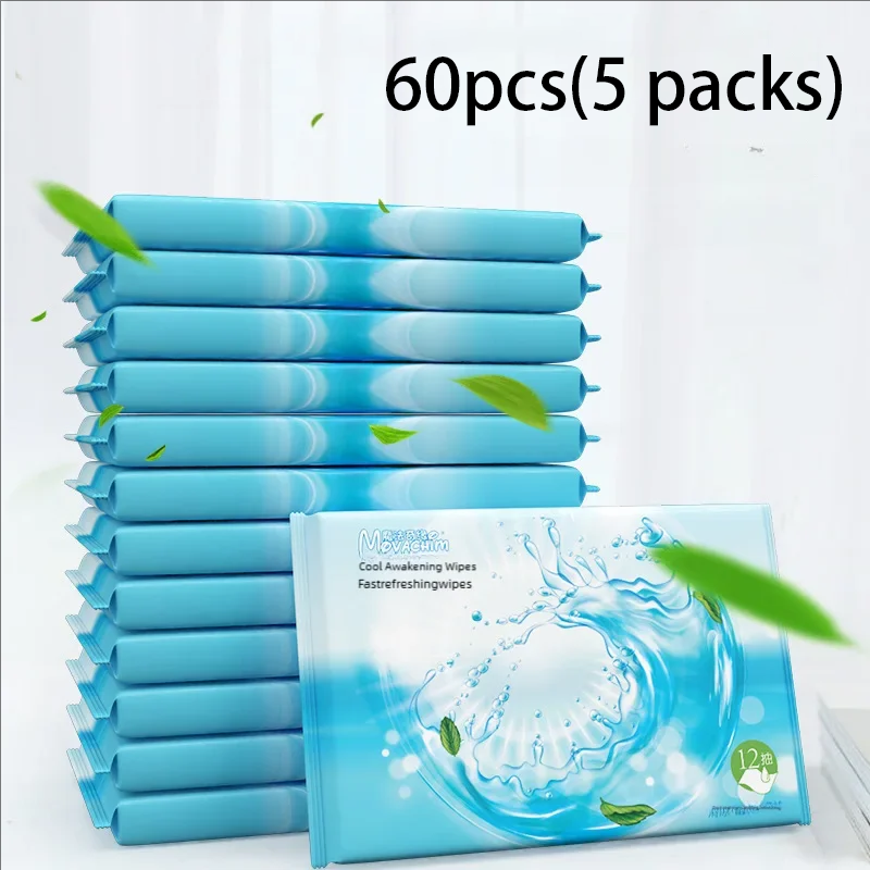 60pcs Mint Wipes, Cool Wet Wipes, Refreshing and Anti-Sleepiness Wipes, Toning and Antiperspirant Cooling Wipes