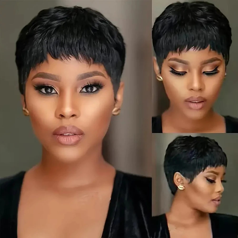 Perucas de cabelo humano curto e reto, cor natural, cabelo remy brasileiro, corte pixie, barato, máquina de cabelo humano para mulheres negras