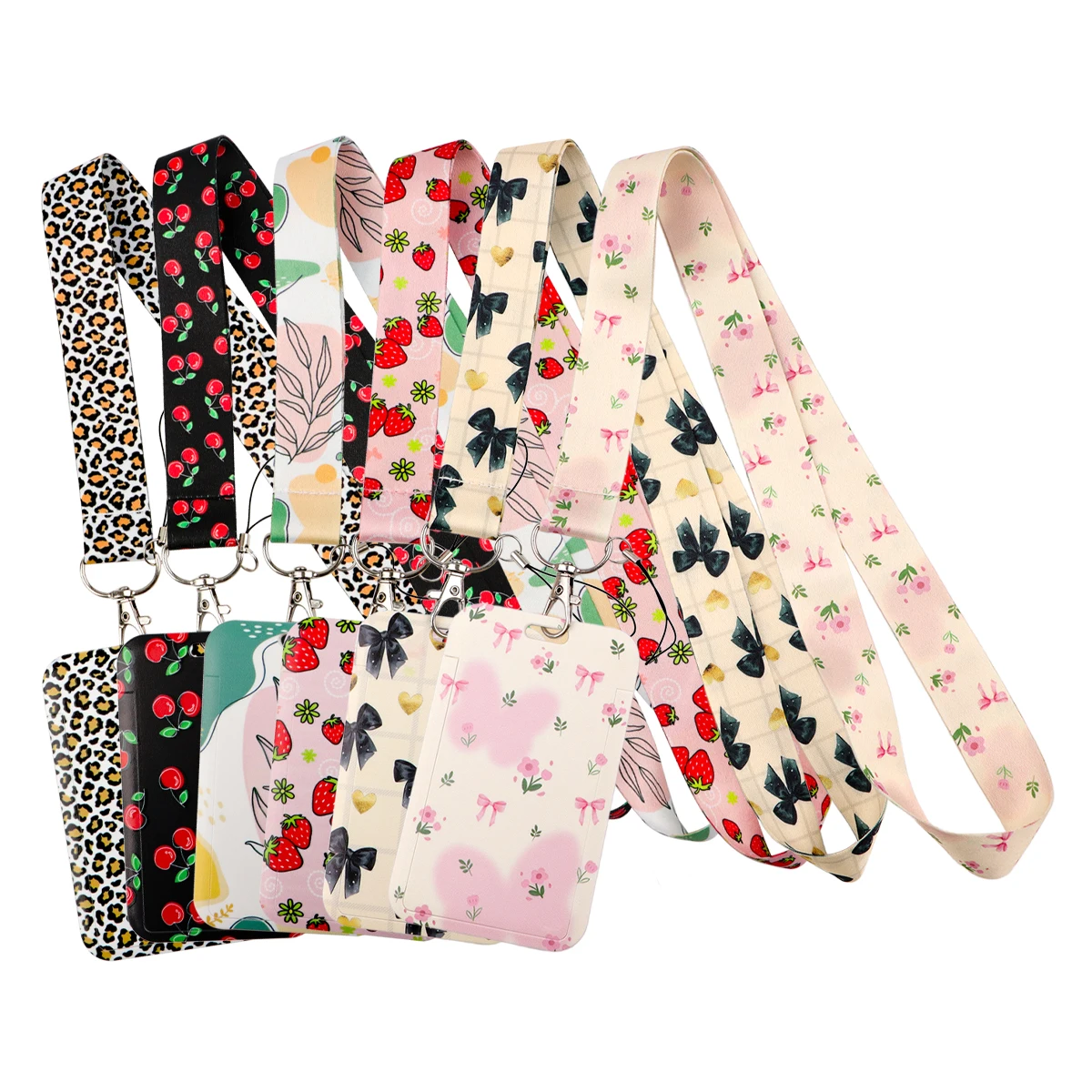 Cordón con lazo de cereza y flor Retro, correa para el cuello, llavero, funda para tarjeta de identificación, soporte para insignia, cuerda para colgar para teléfono móvil, accesorios para llavero, regalos