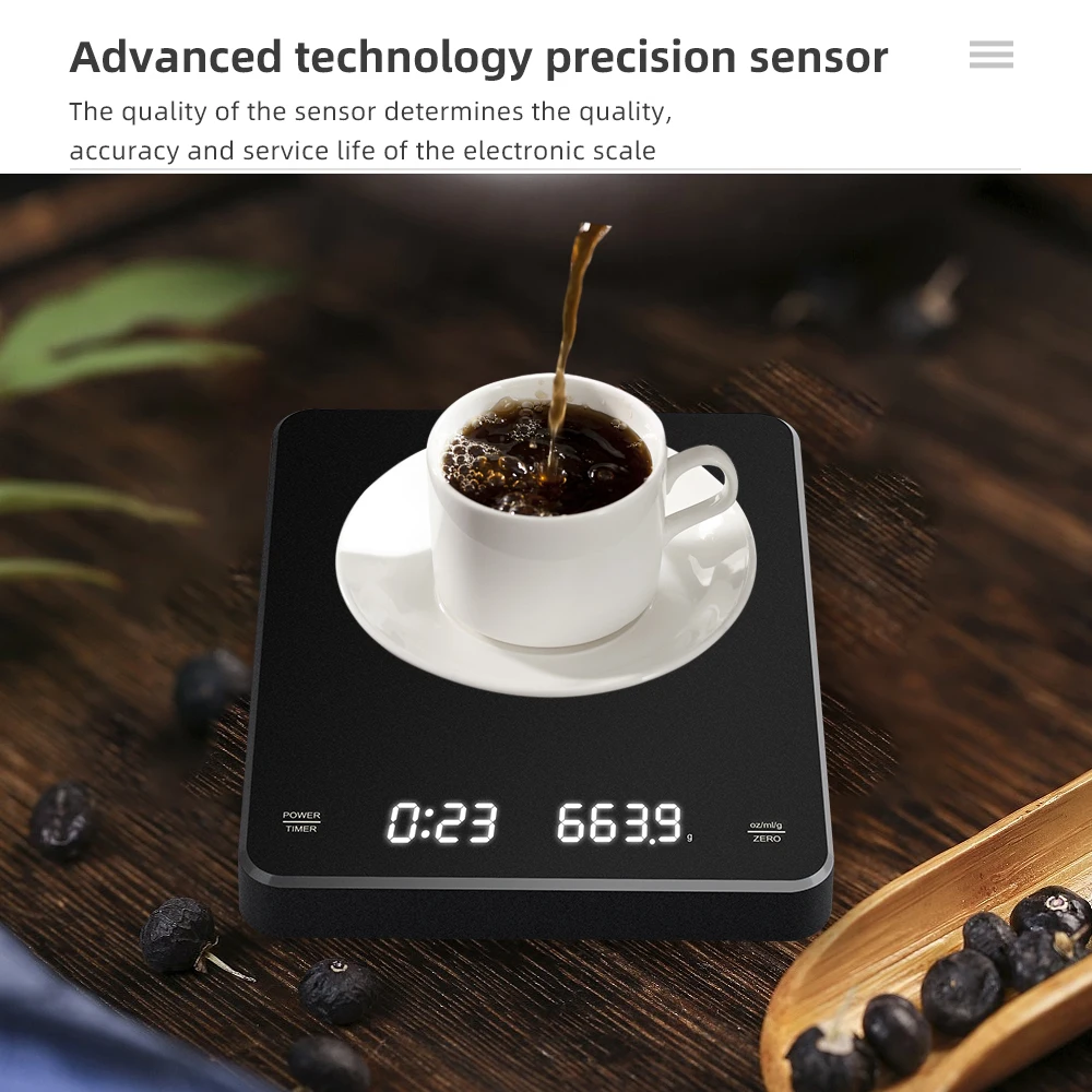 3kg/0.1g LCD Display Coffee Scales 250mAh Oz/ml/g Balance With Timing High Accuracy Heat Resistance 135 ℃ Weight Measurement
