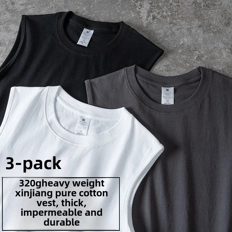 [Pack of 3] 320g heavy cotton sleeveless T-shirt men's and women's solid color loose American casual bottoming shirt summer vest
